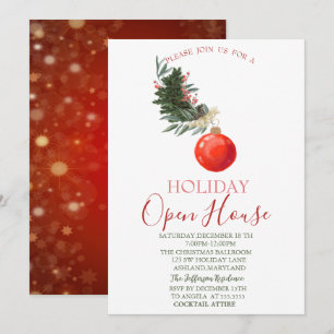 Invitación Rama de pino acuarela, Casa abierta de bola roja