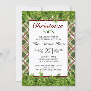 Invitación Rama de Pino de Plata Roja Verde Feliz Fiesta de N