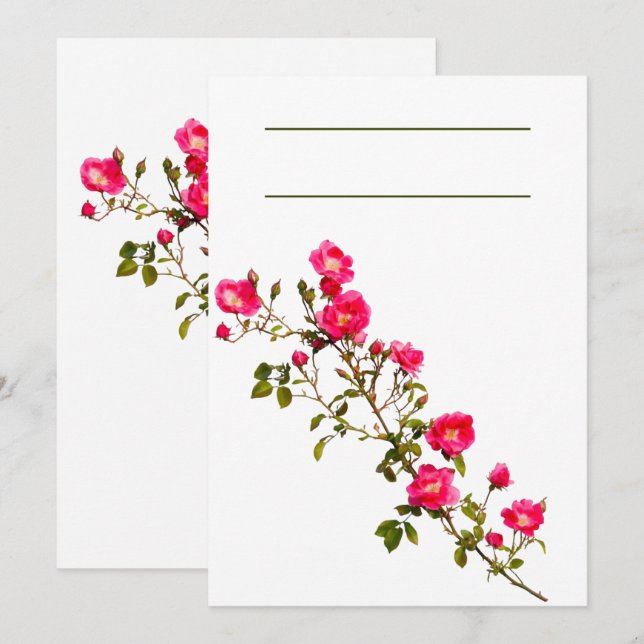 Invitación Rama de rosa rosado vibrante con flores y brotes (Anverso / Reverso)
