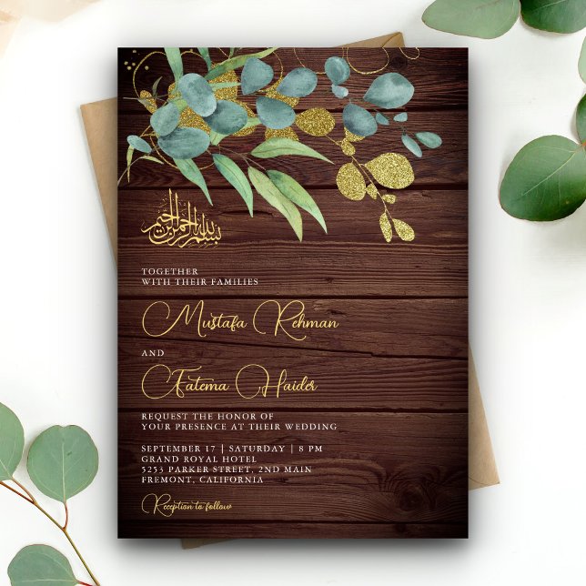 Invitación Rama dorada de eucalipto de madera rústica para bo (Subido por el creador)