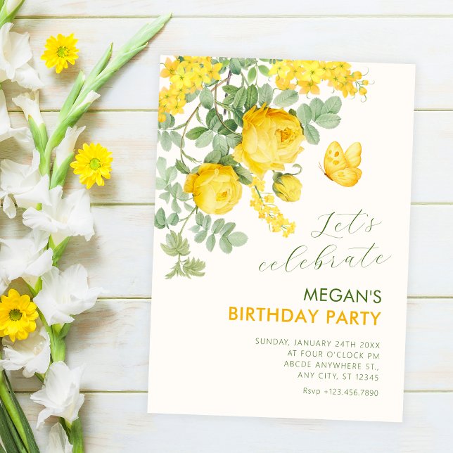 Invitación Rama floral amarilla de cumpleaños (Subido por el creador)