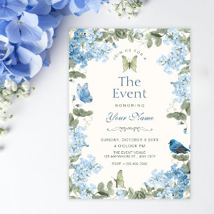 Invitación Rama floral azul mariposas pájaro