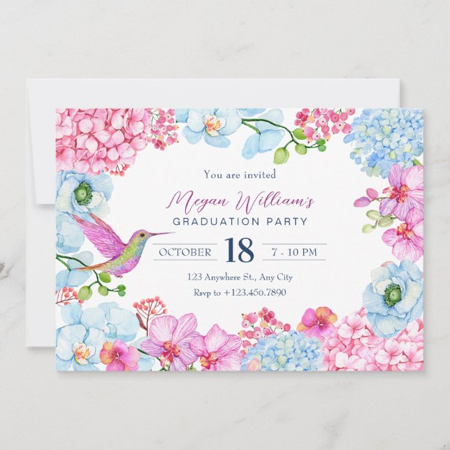 Invitación Rama floral azul rosa con graduación de aves (Anverso)