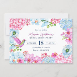 Invitación Rama floral azul rosa con graduación de aves
