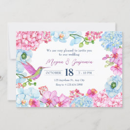 Invitación Rama floral azul rosa pastel con boda de pájaro
