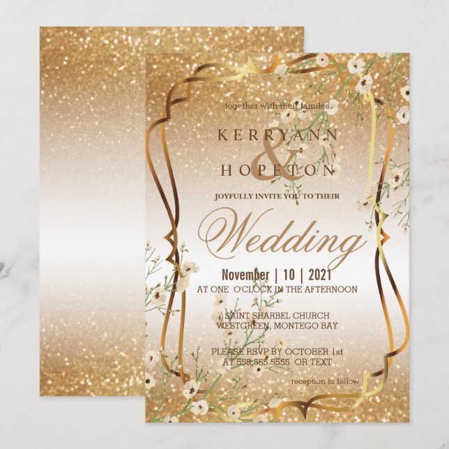Invitación Rama floral blanca y Purpurina de oro (Anverso / Reverso)