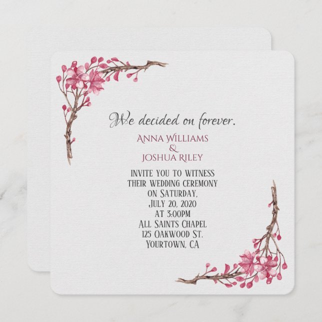 Invitación Rama floral de acuarela rosa sobre gris (Anverso / Reverso)