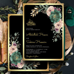 Invitación Rama Floral de Esmeralda con Código QR Negro para