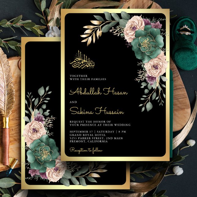 Invitación Rama floral esmeralda Código QR negro Boda musulmá (Subido por el creador)