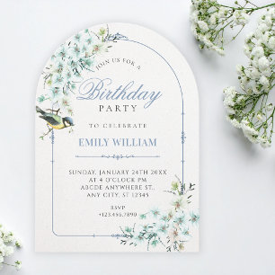 Invitación rama floral pájaro cumpleaños