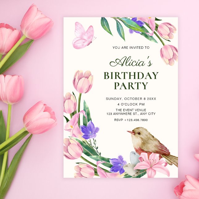 Invitación rama floral pájaro cumpleaños (Subido por el creador)