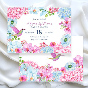 Invitación Rama floral rosa azul con ducha de bebé de pájaro