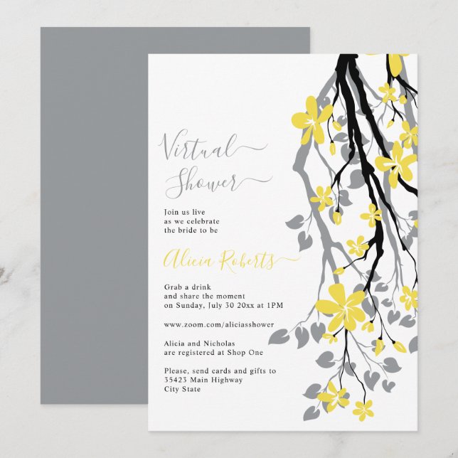 Invitación Rama gris, flores amarillas ducha virtual de novia (Anverso / Reverso)