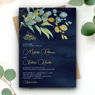 Invitación Rama Islámica de Boda de Oro Eucalipto Azul Marinh