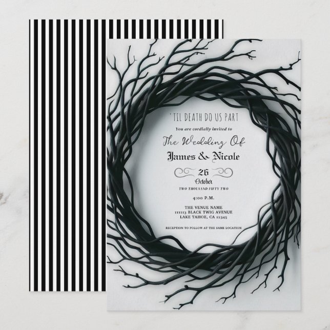 Invitación Rama Negra Elegante Boda de Otoño de Halloween (Anverso / Reverso)