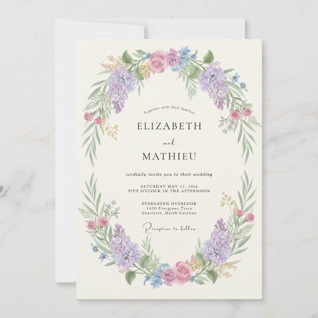 Invitación Rama oval de boda de lavanda rubor (Anverso)