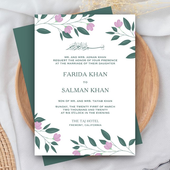 Invitación Rama verde rosa y Verde azulada Boda musulmana isl (Subido por el creador)