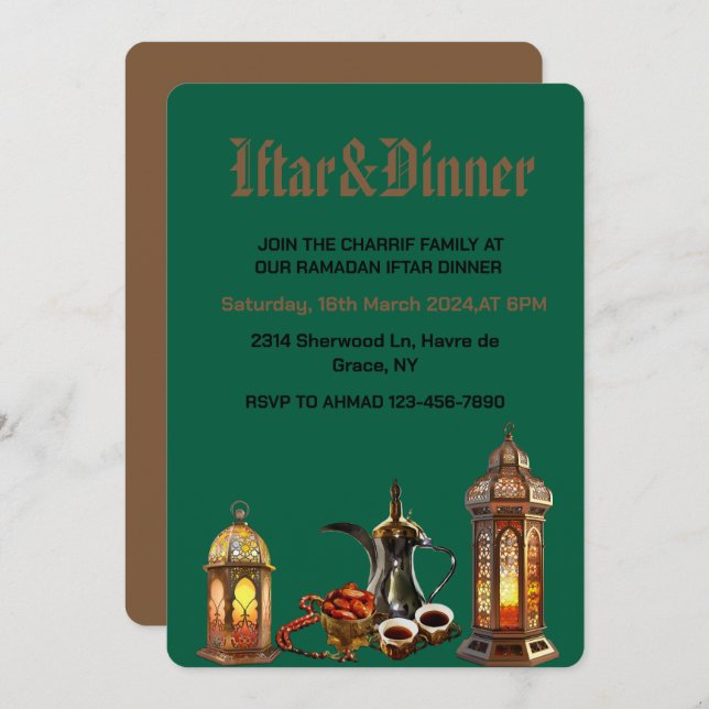 Invitación Ramadán Kareem 2025 Cena de Iftar (Anverso / Reverso)
