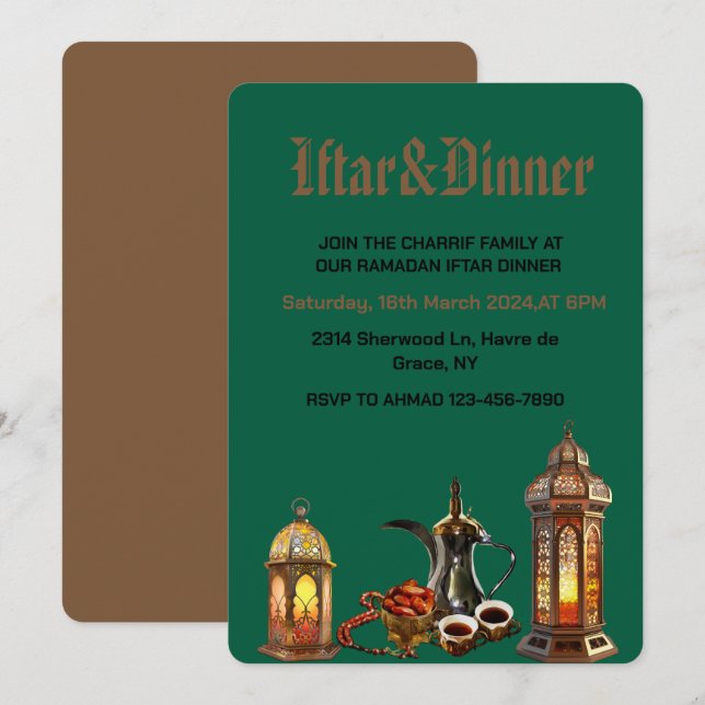 Invitación Ramadan Kareem 2025 fiesta de la cena Iftar (Anverso / Reverso)