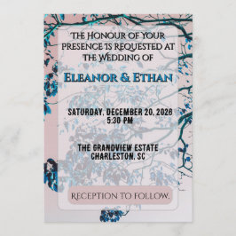 Invitación Ramas Azules Teal Artísticas Cielo Rosa Moderno