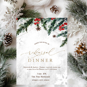 Invitación Ramas Bayas Rojas Cena de Ensayo Copo de Nieve