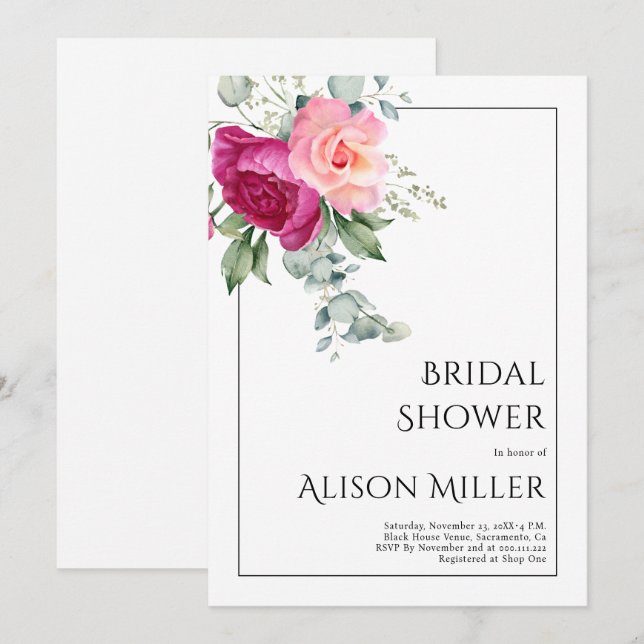 Invitación Ramas con flores rosa rosadas con ducha de novia (Anverso / Reverso)