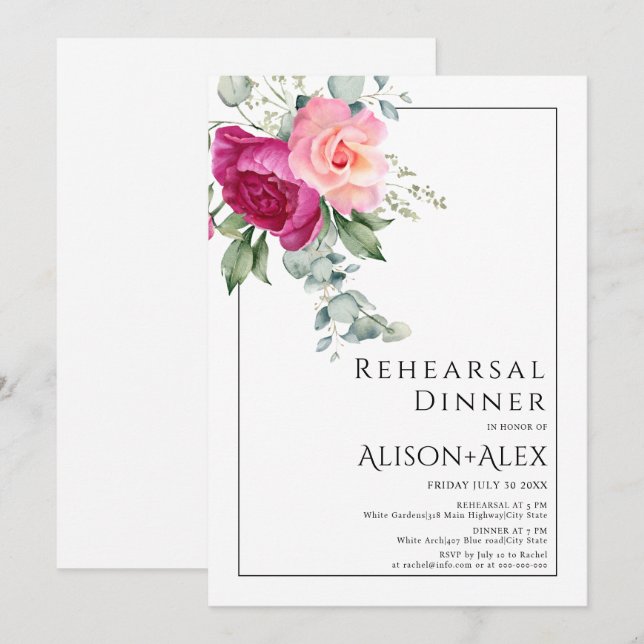 Invitación Ramas con flores rosadas ensayan la cena (Anverso / Reverso)