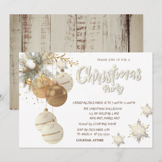 Invitación Ramas de árbol Bolas Copos de nieve Madera Navidad (Anverso / Reverso)
