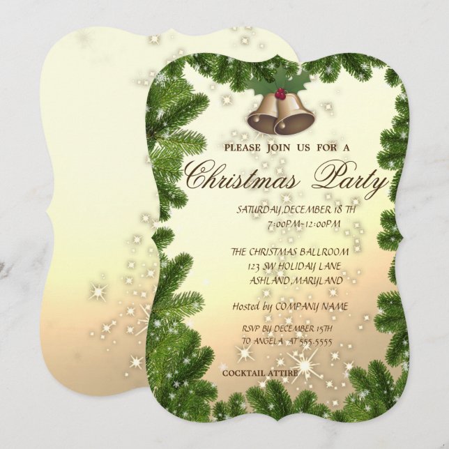 Invitación Ramas de árbol, Campana, Fiesta de Navidad de la e (Anverso / Reverso)