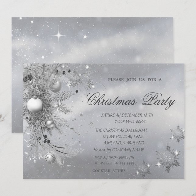 Invitación Ramas de árbol de Navidad grises con bolas y copos (Anverso / Reverso)
