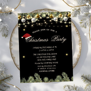 Invitación Ramas de árbol de pino bolas negro Navidad Empresa