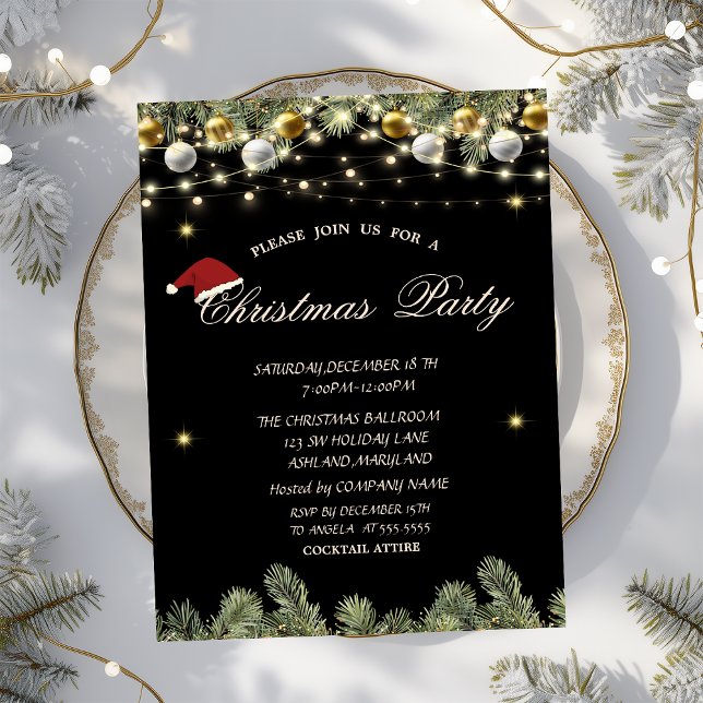Invitación Ramas de árbol de pino bolas negro Navidad Empresa (Subido por el creador)