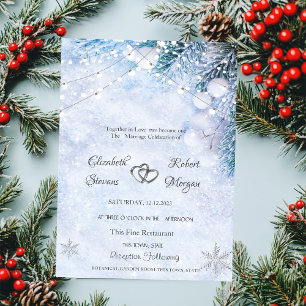 Invitación Ramas de árbol de pino, luces de cadena de nieve b