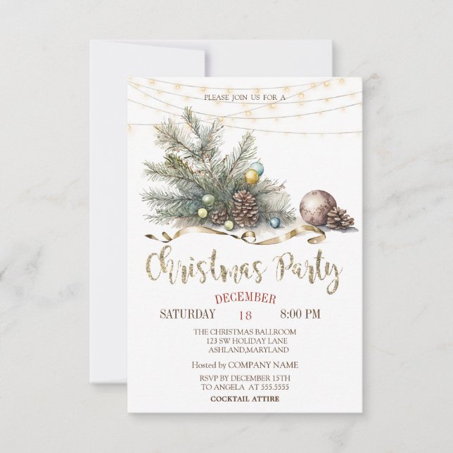 Invitación Ramas de árbol de pino, luces Fiesta de Navidad de (Anverso)