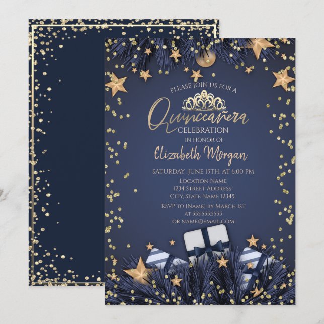 Invitación Ramas de árbol de pino, marina de diamantes azul Q (Anverso / Reverso)