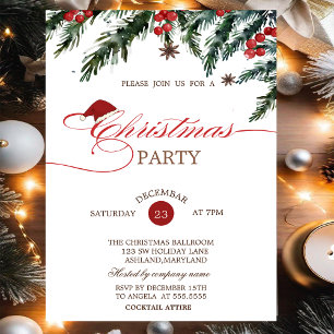 Invitación Ramas de árbol de pino Sombrero de Santa, Navidad