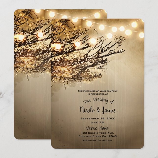Invitación Ramas de árbol rústicas iluminadas y luces de boda (Anverso / Reverso)