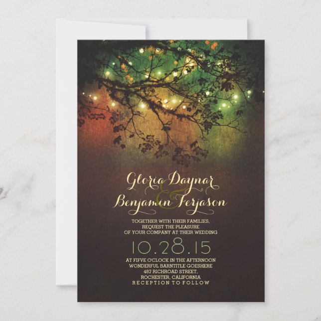 Invitación Ramas de árbol rústicas y boda de luces de cadena (Anverso)