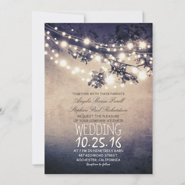 Invitación Ramas de árbol rústicas y boda de luces de cadena (Anverso)