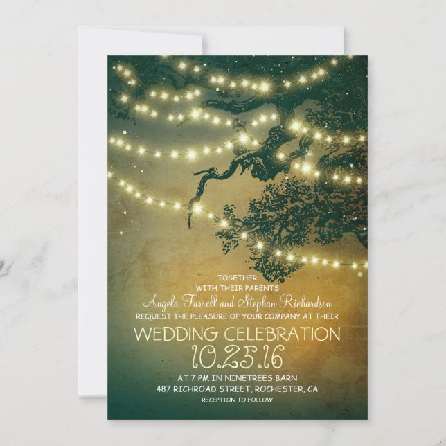 Invitación Ramas de árbol rústicas y boda de luces de cadena (Anverso)