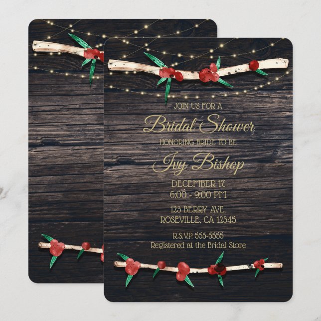 Invitación Ramas de Berries Rojas e iluminan ducha de novias  (Anverso / Reverso)