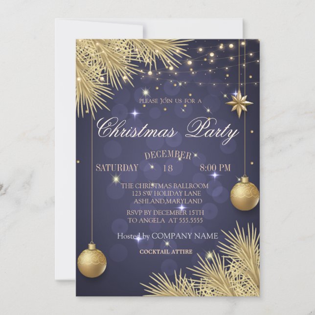 Invitación Ramas de Bolas de Navidad de Oro Compañía de Navid (Anverso)