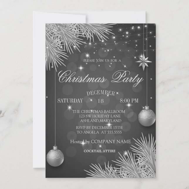 Invitación Ramas de Bolas de Navidad de Plata Compañía de Nav (Anverso)