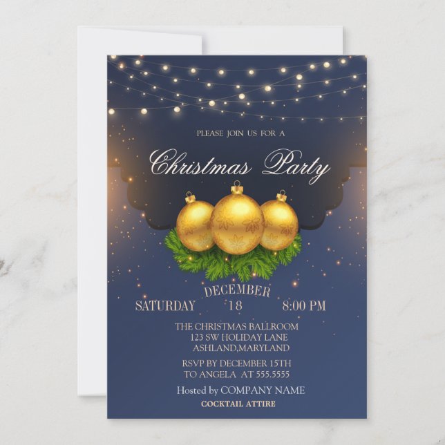 Invitación Ramas de bolas de Navidad Empresa Azul de Navidad (Anverso)