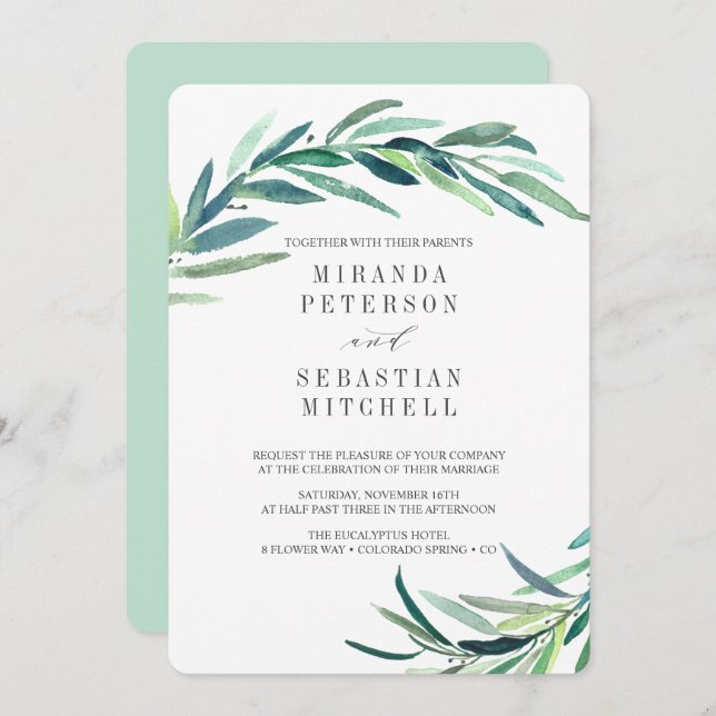 Invitación Ramas de Eucalipto frescas dejan Boda botánico (Anverso / Reverso)