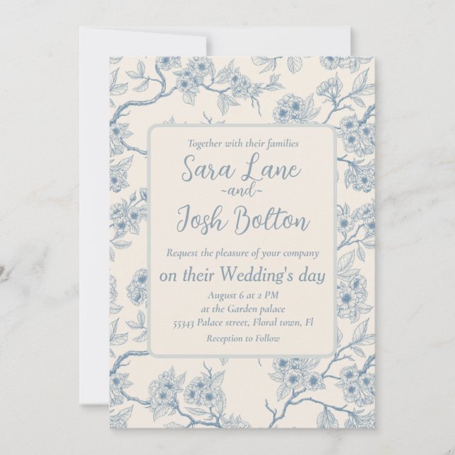 Invitación Ramas de flor de cerezo en azul y blanco apagado (Anverso)