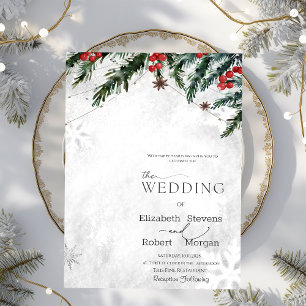 Invitación Ramas de invierno Bayas rojas Copos de nieve Boda