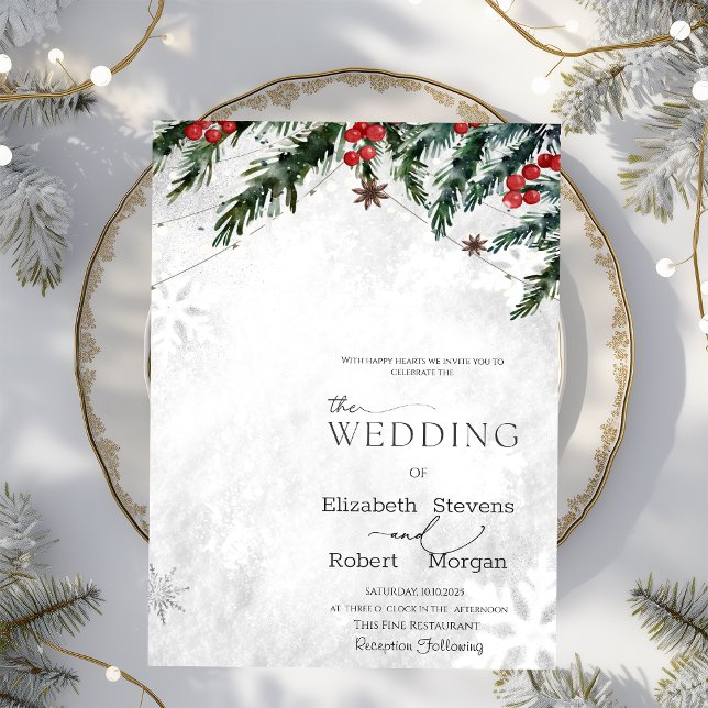 Invitación Ramas de invierno Bayas rojas Copos de nieve Boda  (Subido por el creador)