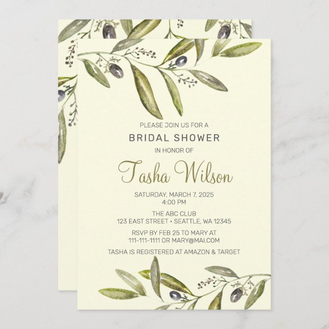 Invitación Ramas de olivo acuáticas ducha de novia (Anverso / Reverso)
