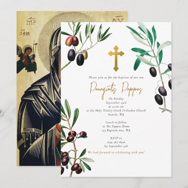 Invitación Ramas de Olivo Bautismo griego ortodoxo para la cr (Anverso / Reverso)